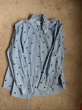 J. Crew Factory Blue and White Striped Button-Down with Navy Heart Motif